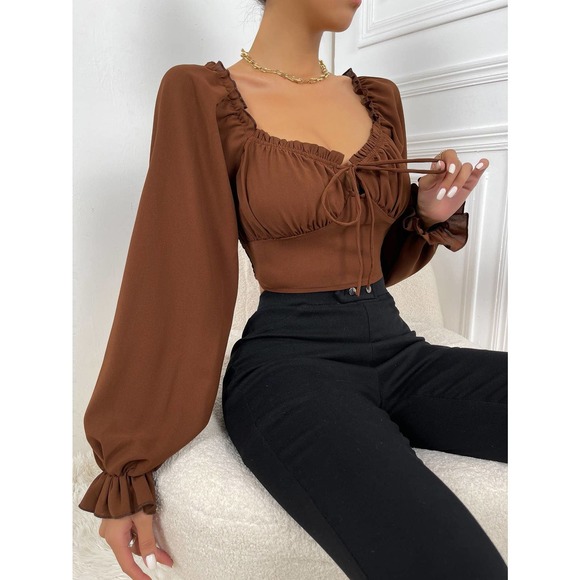 . Tops - Frill Trim Bell long Sleeve Ruched Bust Milkmaid crop top boho brown
